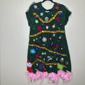 Ugly Christmas Sweater Dress Christmas Tree LIGHTS UP Tinsel Xmas Party Winner
